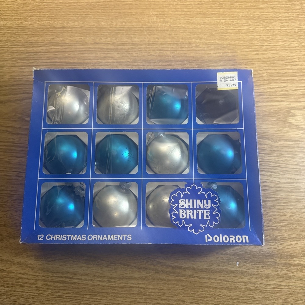 Shiny Brite Christmas ornaments (11), blue And Silver, in box VINTAGE
